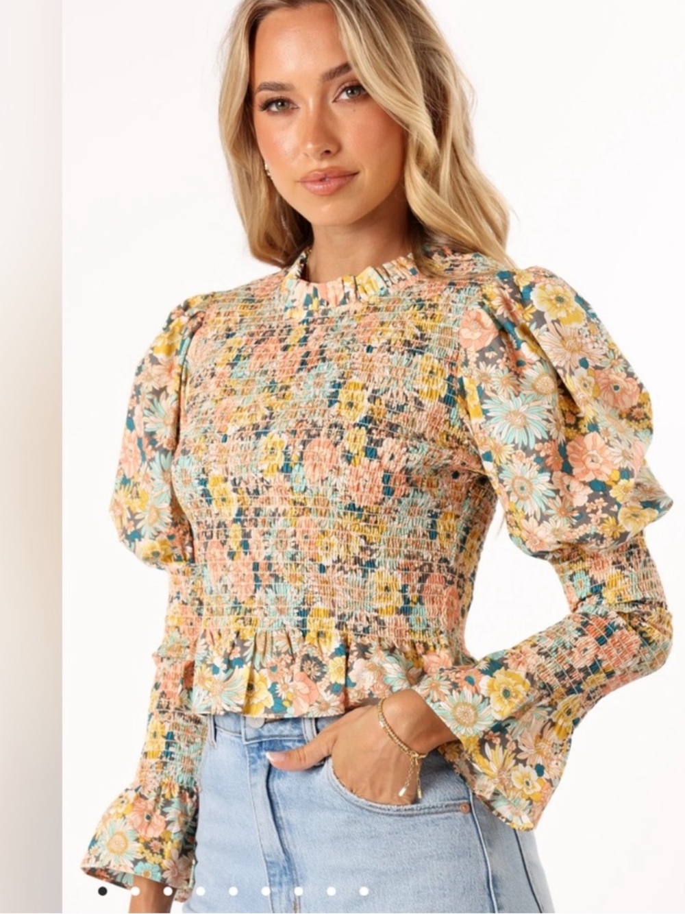 Petal + Pup Floral Novah Long Sleeved Smocked Puff Sleeve Top Size Large New